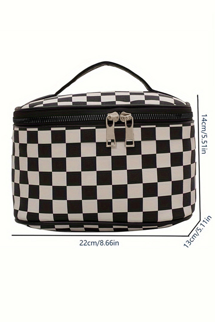 Checkered Zipper Large Cosmetic Bag with Handle