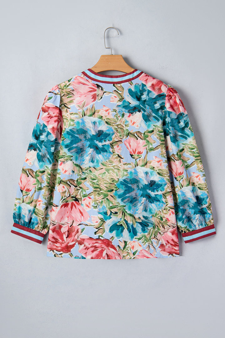Contrast Trim V Neck Cuffed Bracelet Sleeve Floral Blouse