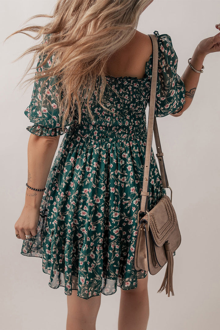 smocked square neck puff short sleeve floral dress