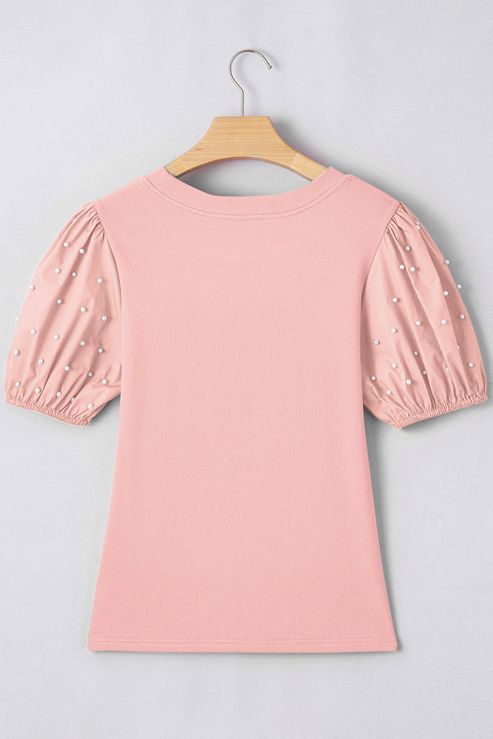 Light Pink Ribbed Pearl Beaded Puff Sleeve Top