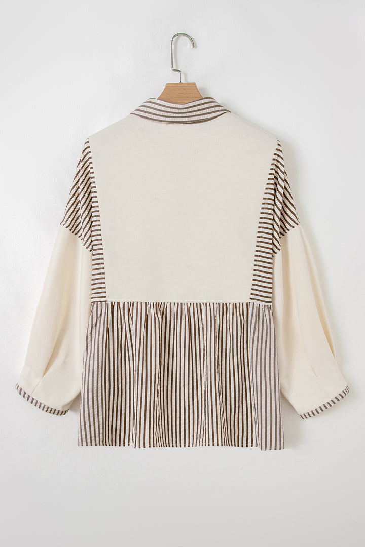 Khaki Stripe Plus Size Color Block Patchwork Half Button Long Sleeve Peplum Blouse