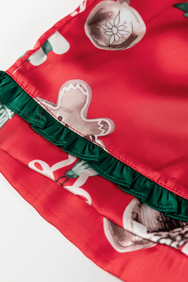 Red Christmas Fashion Print Contrast Ruffle Trim Ribbon Bow Knot 2pcs Pajama Set