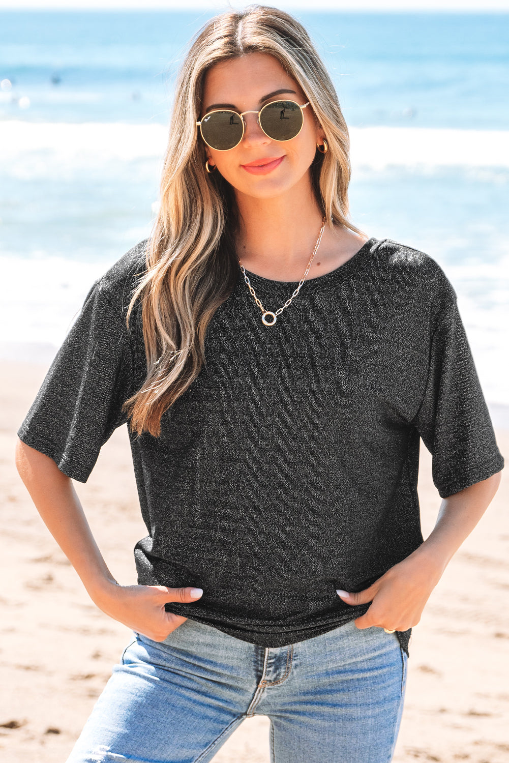 Bow Decor Glittery Short Sleeve Top