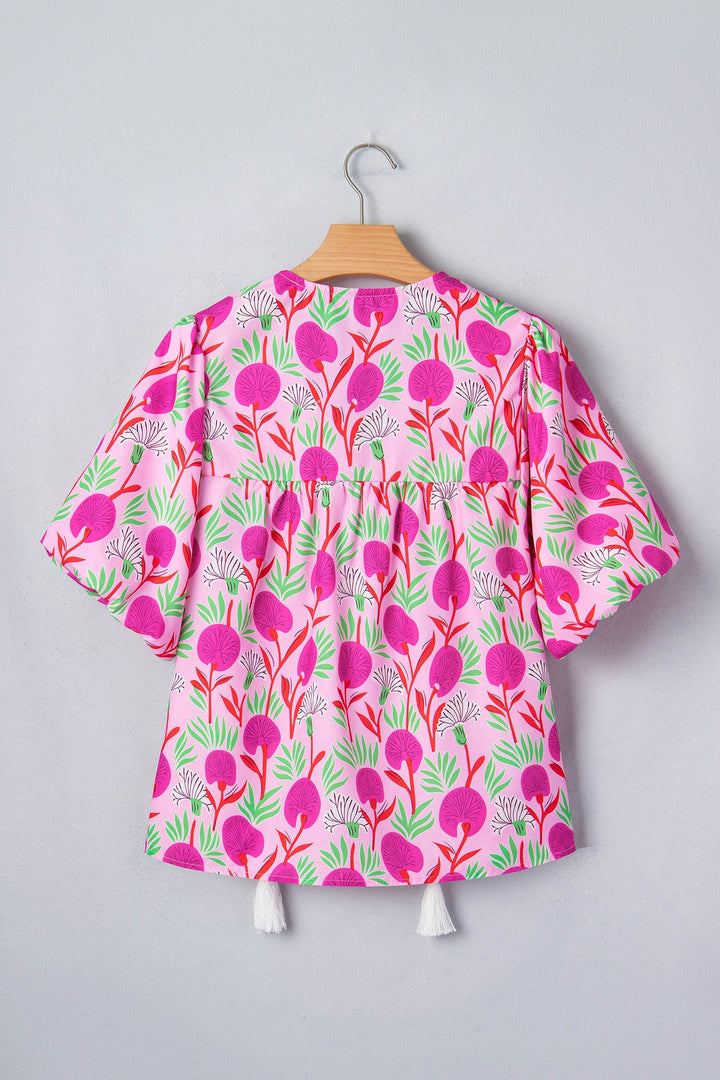Pink Floral Print Short Sleeve Contrast Patchwork Tassel Tie Blouse