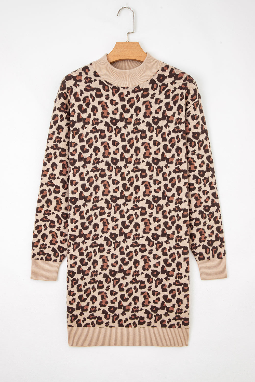 Leopard Print High Neck Shift Mini Sweater Dress