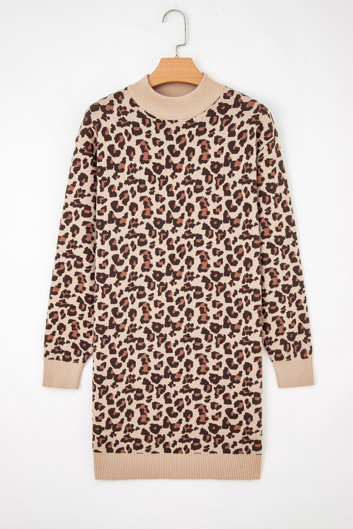Leopard Print High Neck Shift Mini Sweater Dress