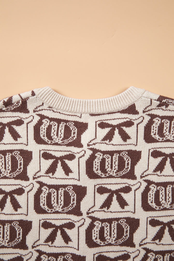 Brown Western Horseshoe Bow Pattern Sleeveless Knit Sweater