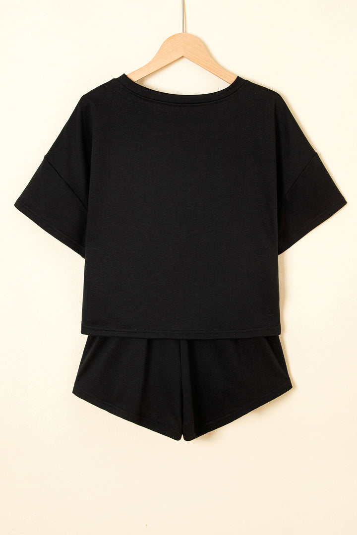 Black 2pcs Cropped Tee and Ruffle High Waist Skort Set
