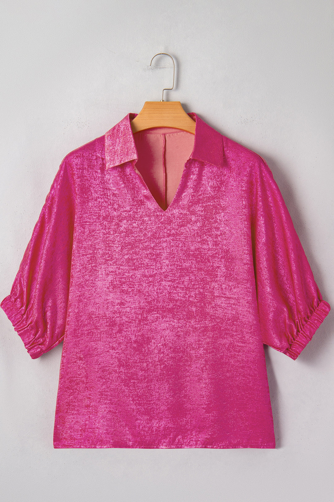 Strawberry Pink Collared V Neck Half Sleeve Metallic Top