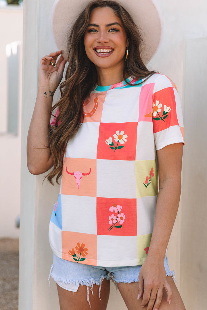 Western Fashion Checker Print Crewneck T Shirt