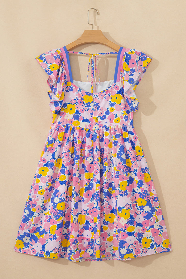 Multicolour Floral Print  Striped Trim Square Neck Loose Mini Dress