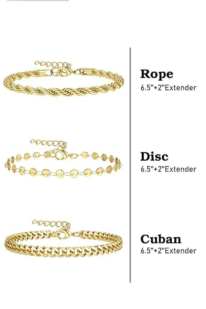 3-teiliges, scheibenbeschichtetes, verstellbares Kettenarmband-Set