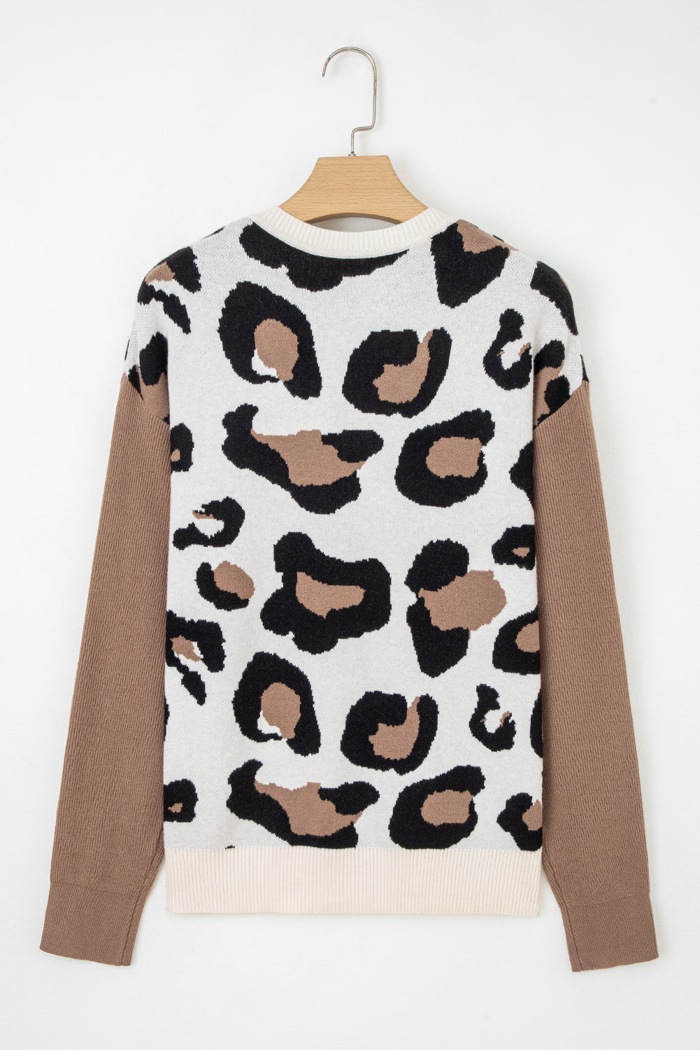 Leopard Print Color Block Patchwork Sleeve V Neck Sweater
