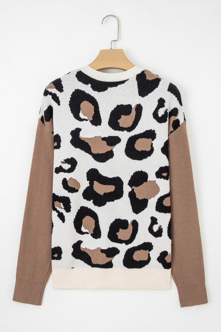 Leopard Print Color Block Patchwork Sleeve V Neck Sweater