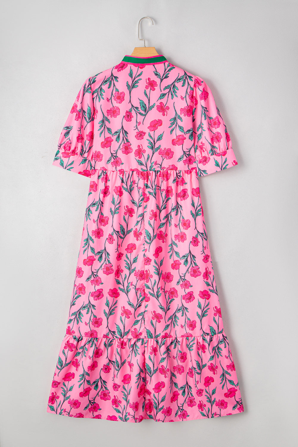 Floral Contrast Neckline A-line Puff Sleeve Long Dress