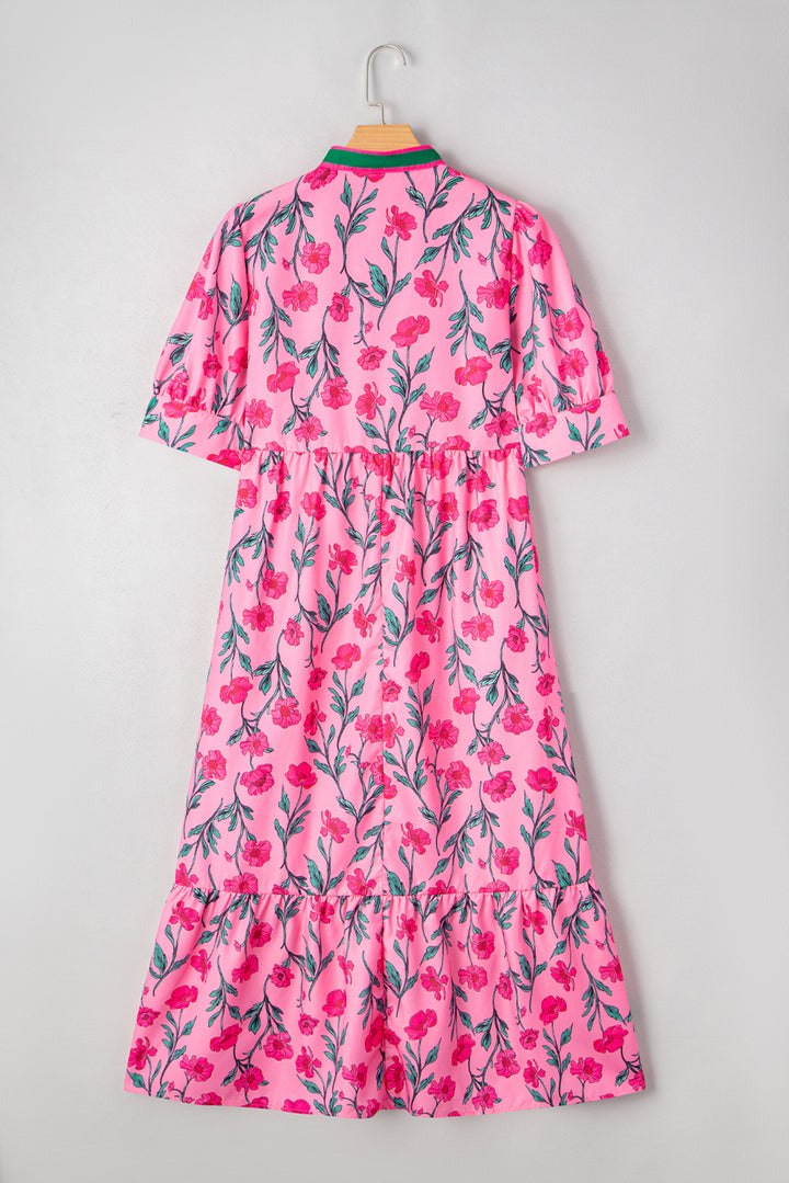 Floral Contrast Neckline A-line Puff Sleeve Long Dress