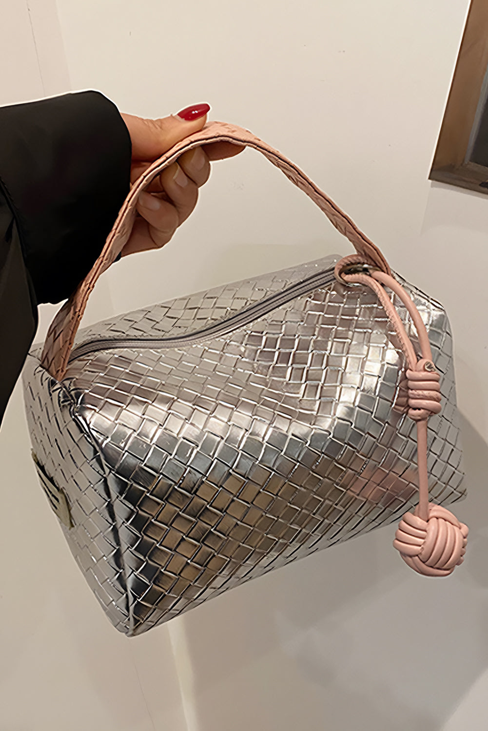 Lattice Texture Corded Ball Decor Weaven Handle Cosmetic Bag