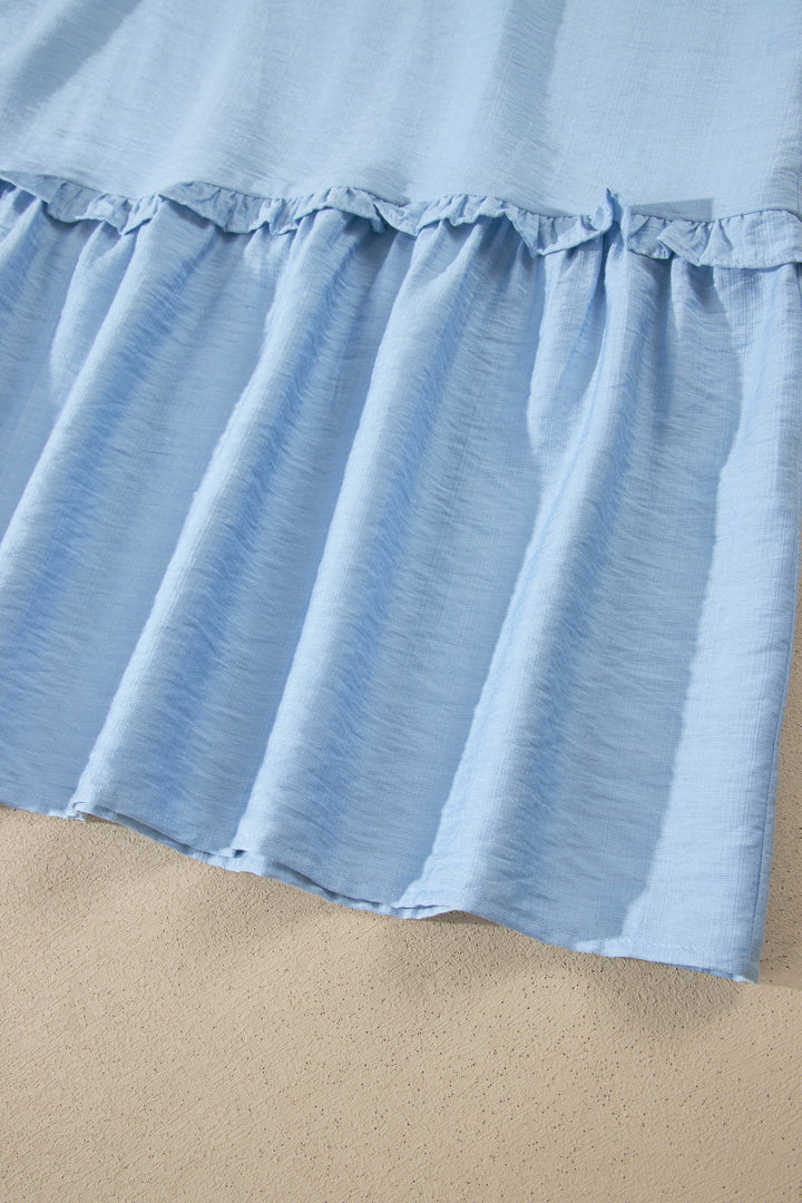 Beau Blue Solid Color Ruffle Trim High Waist Sleeveless Maxi Dress