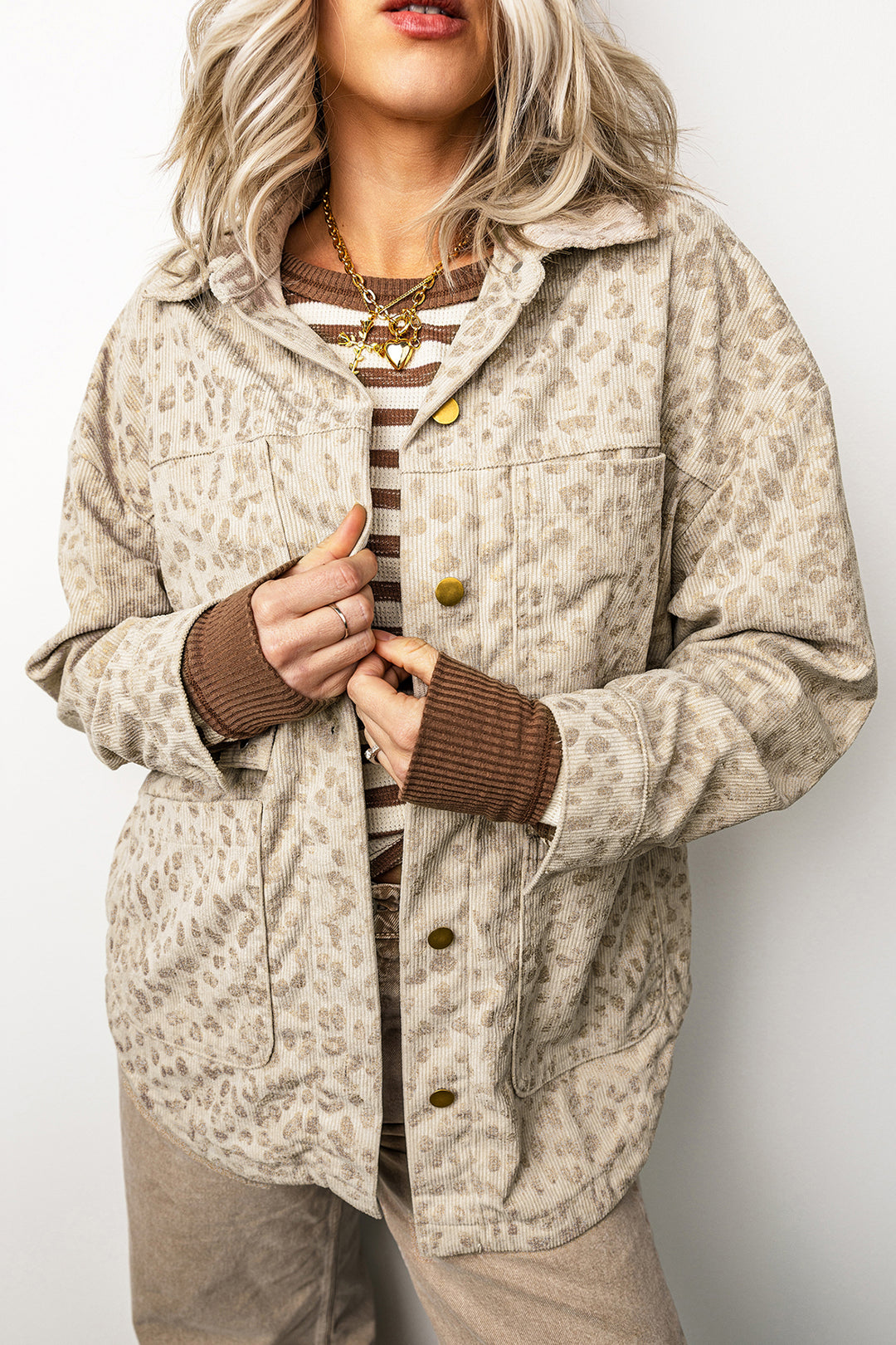 Khaki Leopard Print Corduroy Shirt Collar Long Sleeve Regular Fit Jacket