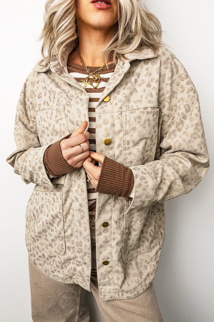 Khaki Leopard Print Corduroy Shirt Collar Long Sleeve Regular Fit Jacket