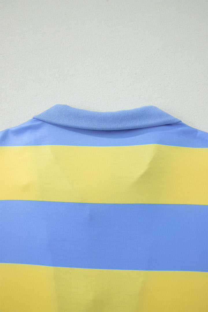 Yellow Stripe Half Zipper Placket Bracelet Sleeve Top Casual Shorts Set