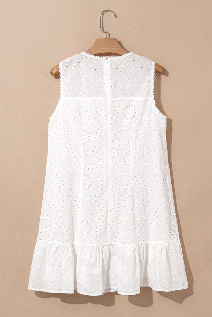 100%Cotton White Floral Eyelet Embroidered Sleeveless Shift Dress
