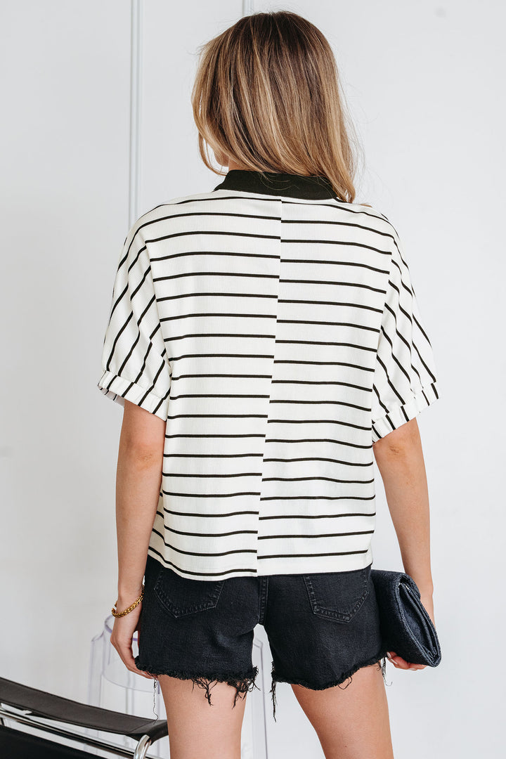 Stand Collar V Neck Elastic Cuffs Half Sleeve Dolman Top
