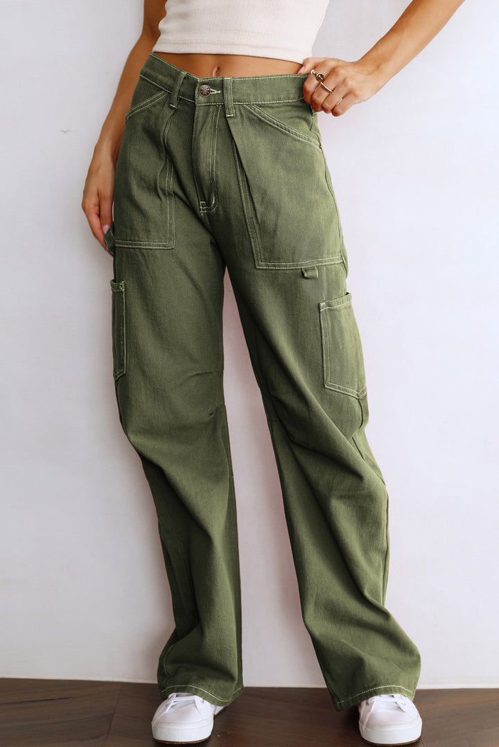 Green High Waist Straight Leg Cargo Pants with Pockets