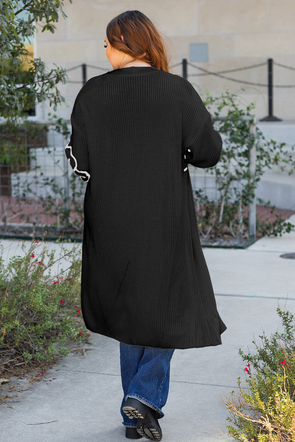 Black Flower Embroidered Open Front Duster Cardigan
