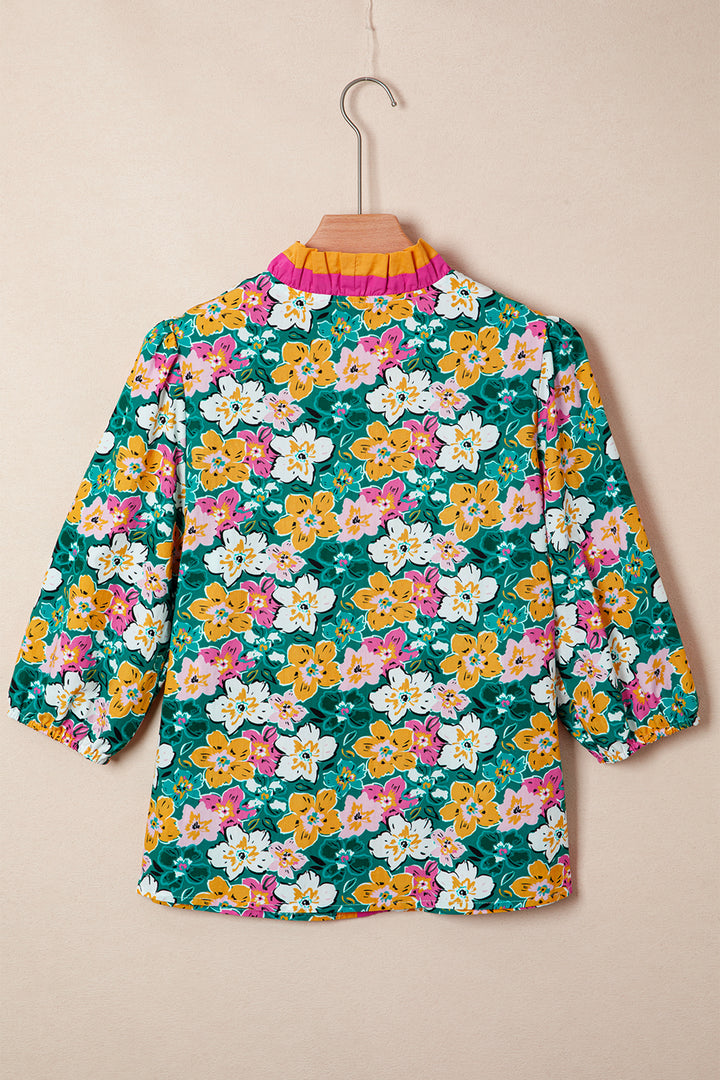Floral Print Contrast Trim Frilled V Neck 3/4 Sleeve Blouse