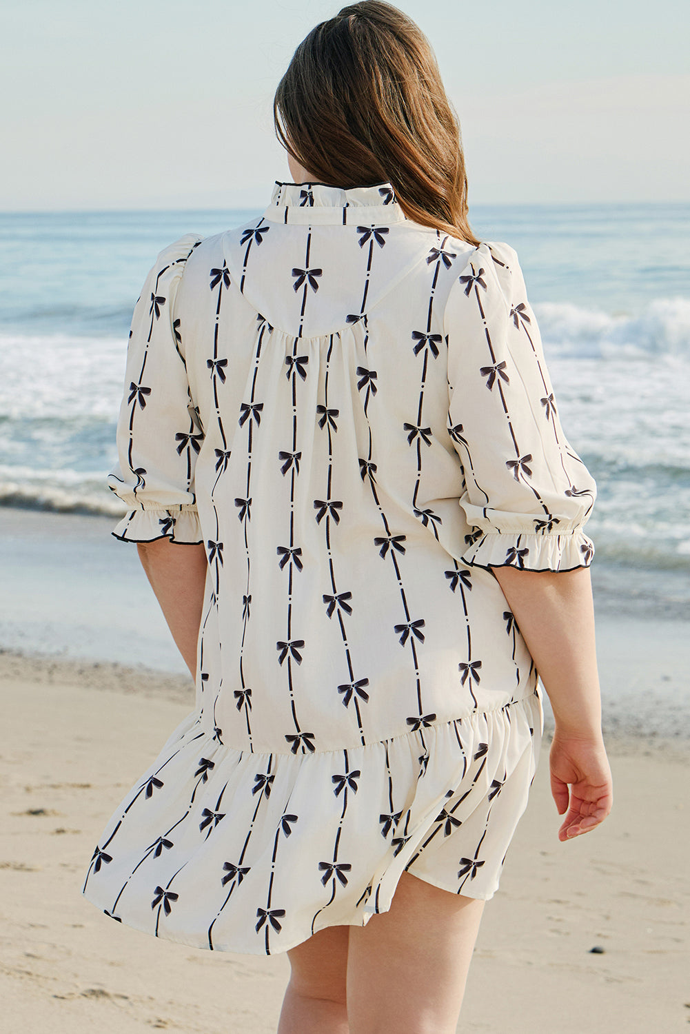 Bow Printed Puff Sleeve Ruffled Plus Size Mini Dress