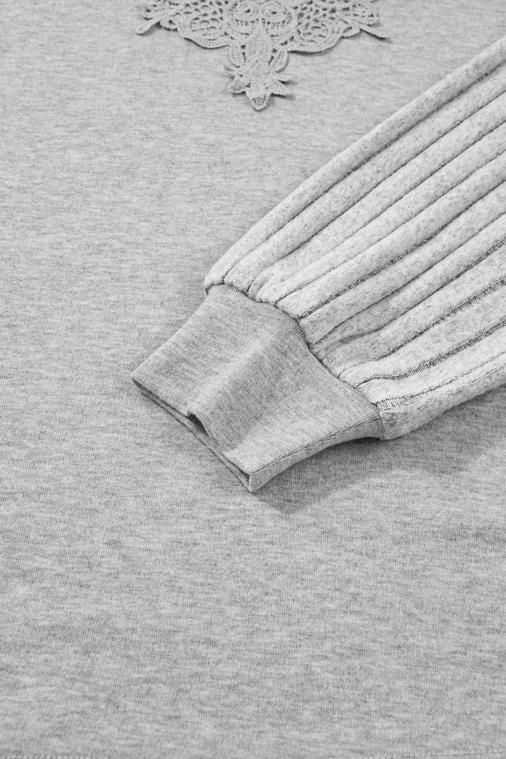Gray Hollowed Lace Ribbed Knit Long Sleeve Patchwork Top