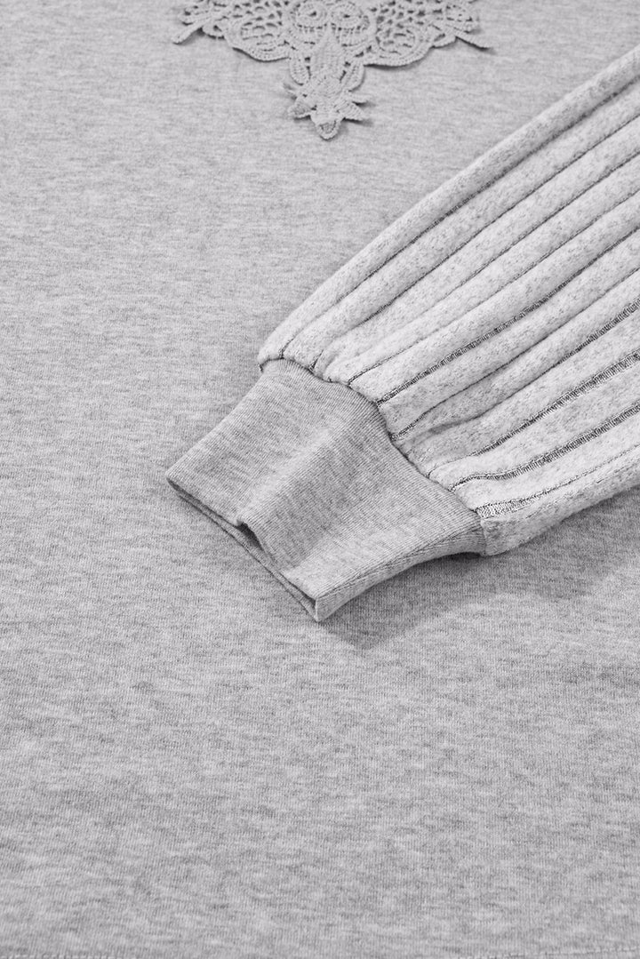 Gray Hollowed Lace Ribbed Knit Long Sleeve Patchwork Top