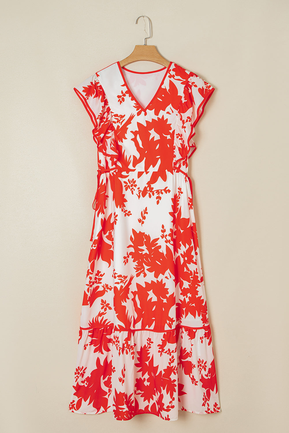 Floral Print Trimmed V Neck Ruffle Sleeve Long Dress