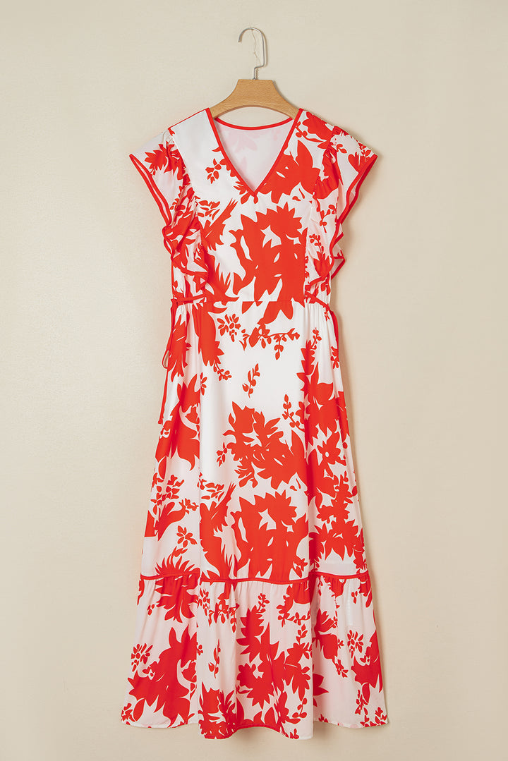 Floral Print Trimmed V Neck Ruffle Sleeve Long Dress