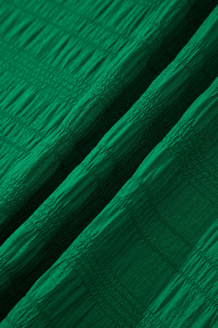 Dark Green Textured Square Neck Top and Shirred High Waist Shorts Set