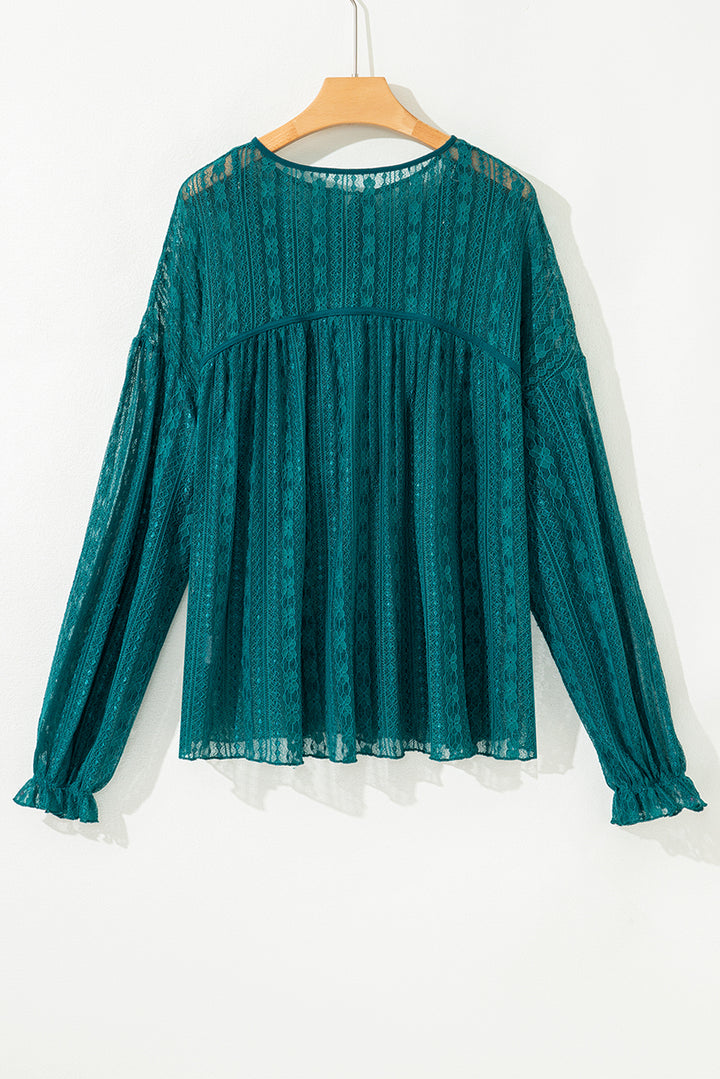 Evergreen Sheer Lace Balloon Sleeve Babydoll Blouse