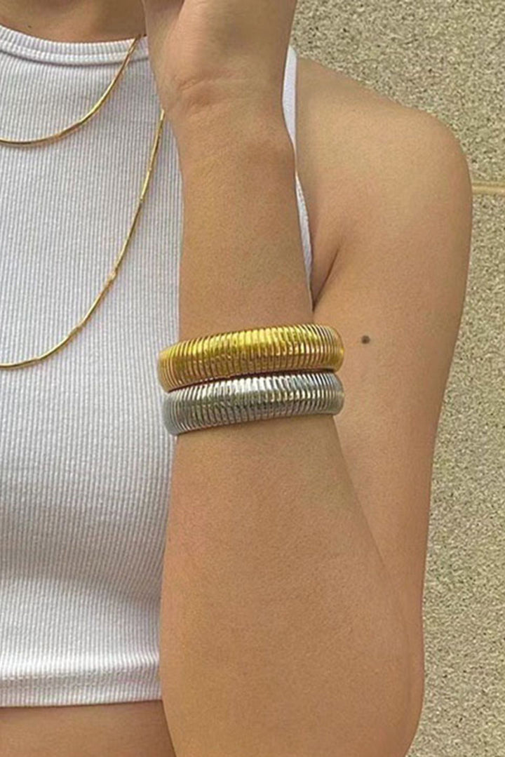 Textured Striped Plated Titanium Steel Chunky Bangle
