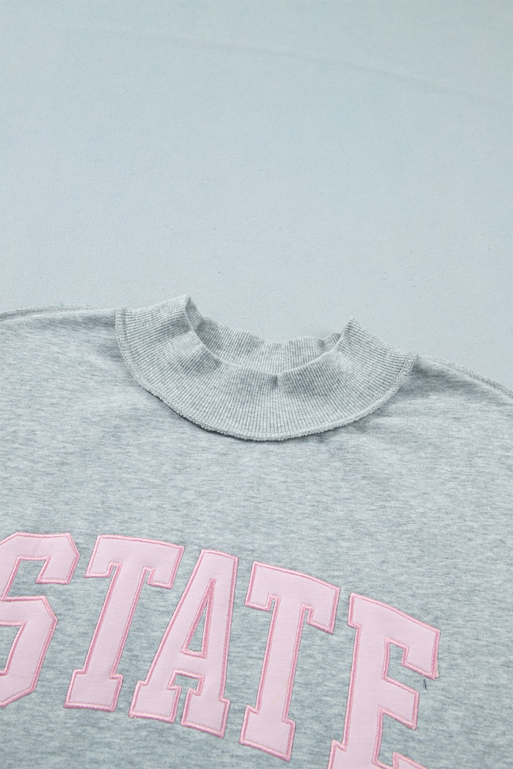 Light Grey  Mock Neck Letter Embroidered Loose Sweatshirt