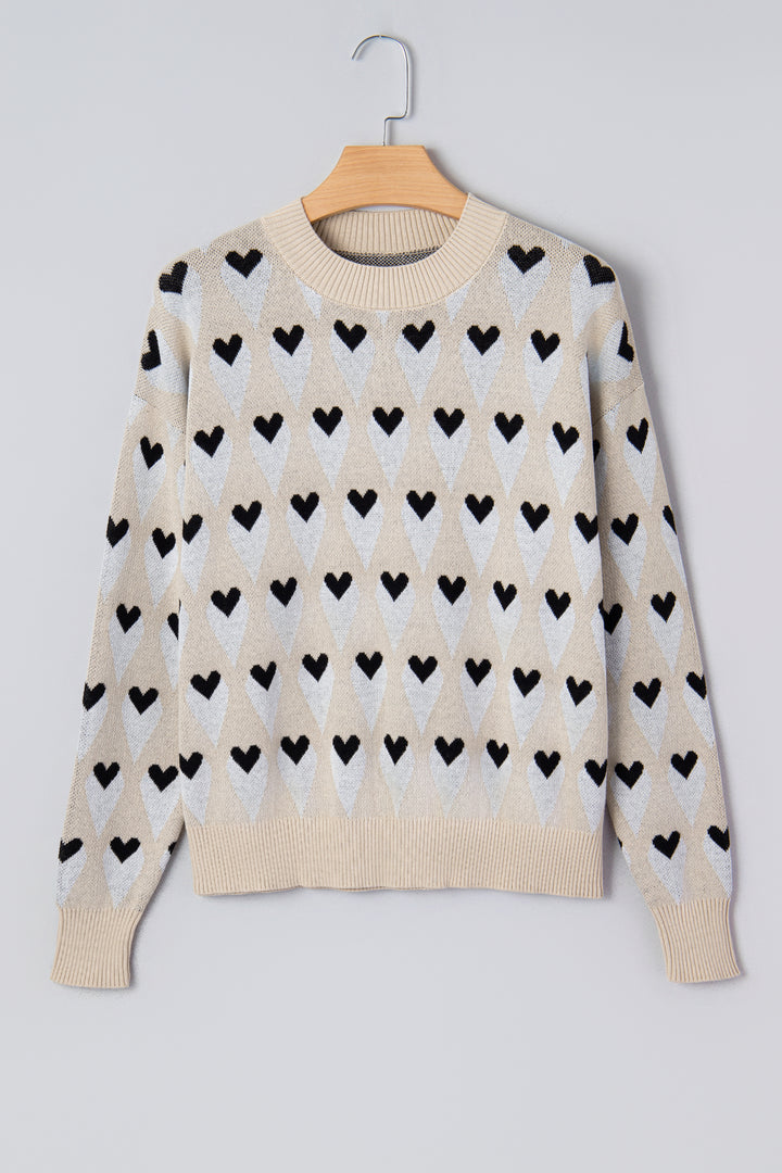 Geometric Heart Print Ribbed Trim Loose Sweater