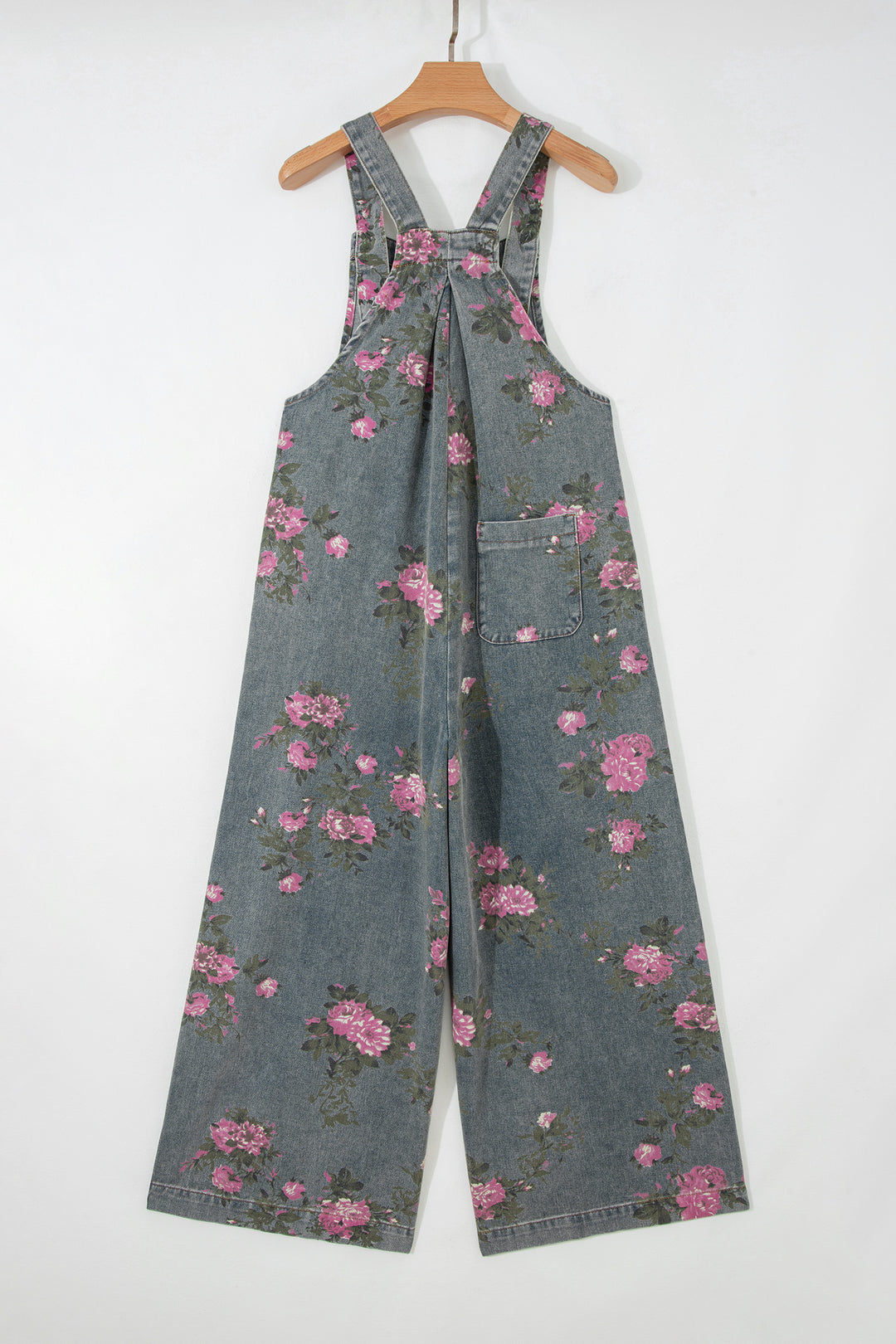 Gray Beau Floral Print Pleated High Waist Wide Leg Denim Jumpsuit