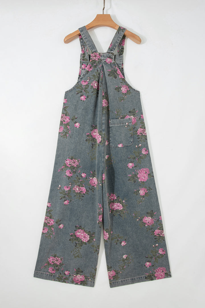 Gray Beau Floral Print Pleated High Waist Wide Leg Denim Jumpsuit