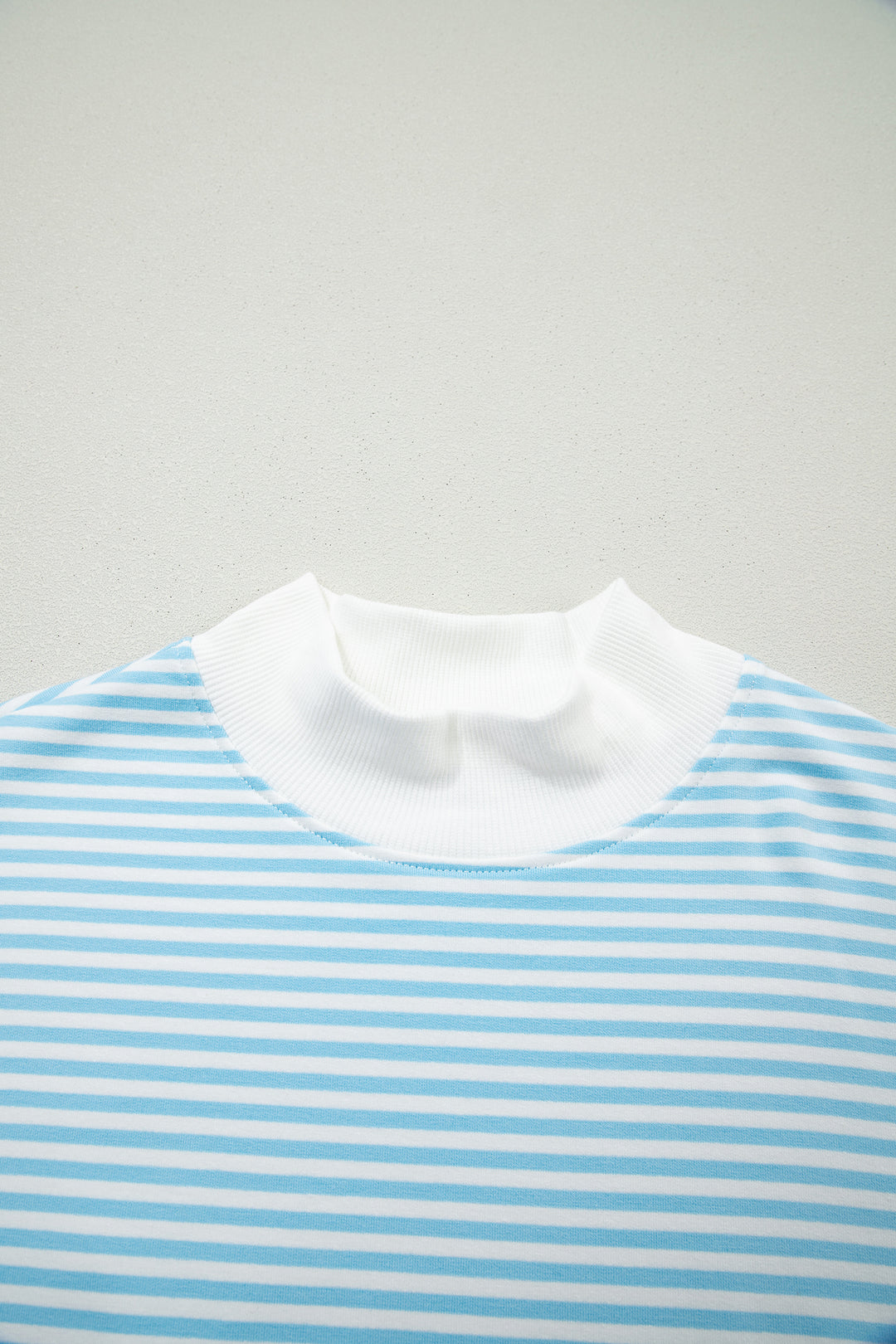 Sky Blue Stripe Oversize Mock Neck Sweatshirt and Shorts Set