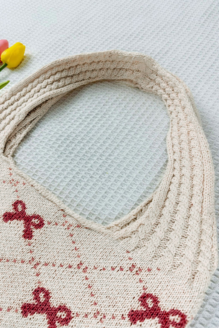 Bow Argyle Pattern Cable Knit Handle Tote Bag