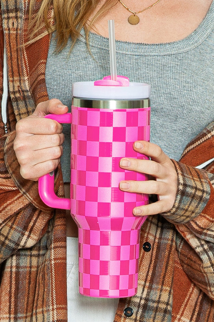 Checkered Print Handled Stainless Steel Tumbler Cup 40oz
