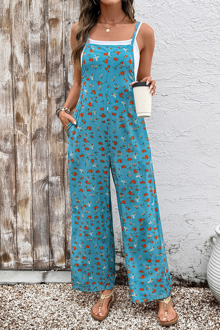 Green Floral Print Spaghetti Straps Loose Pocketed Jumpsuit