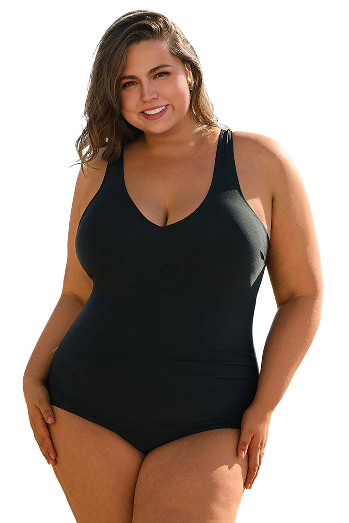 Solid Color U Neck Padded Plus Size One Piece Swimsuit