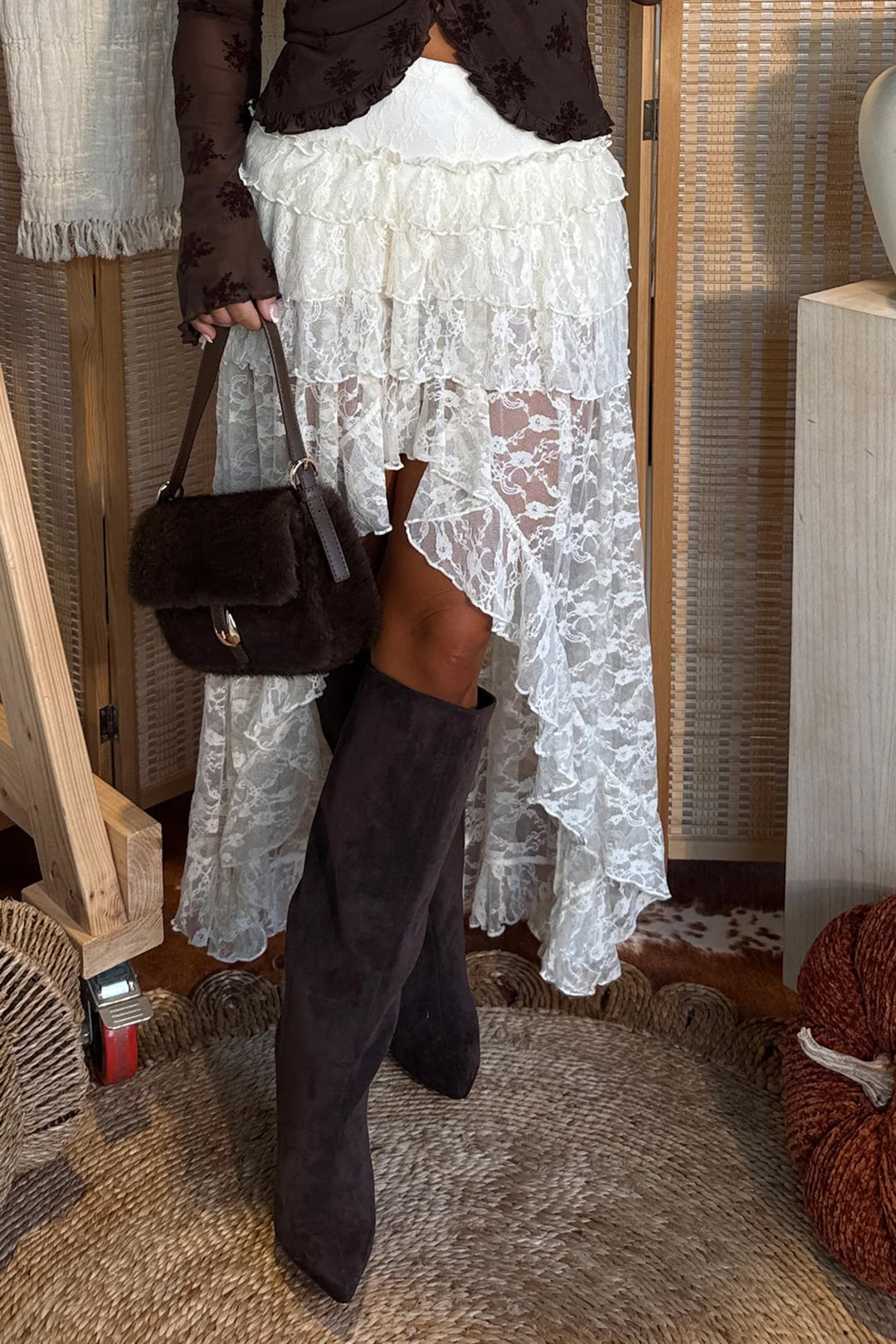 Chic White Sheer Lace Frilly Ruffles High Low Long Skirt
