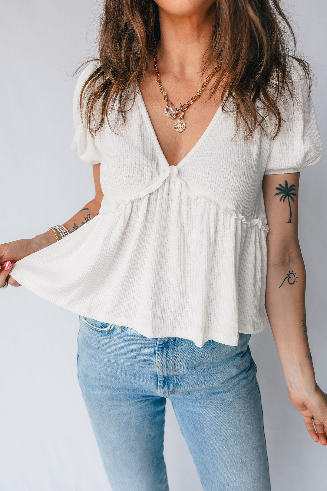 Textured Knit V Neck Short Bubble Sleeve Peplum Top