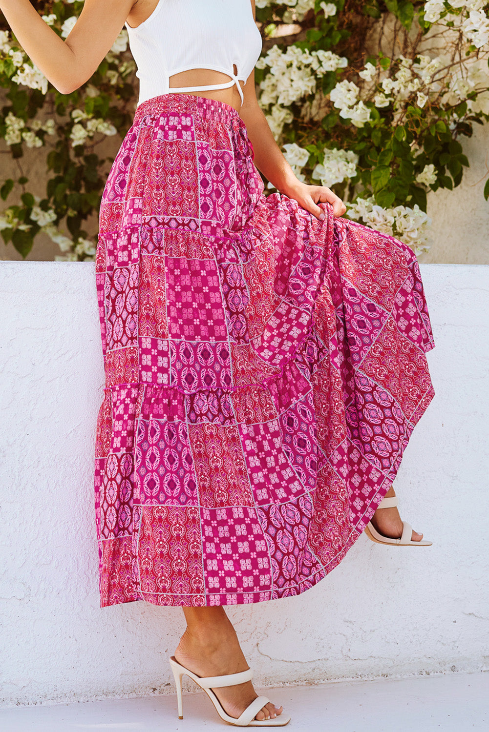 Purple Tiered Paisley Print Pocketed Boho Maxi Skirt